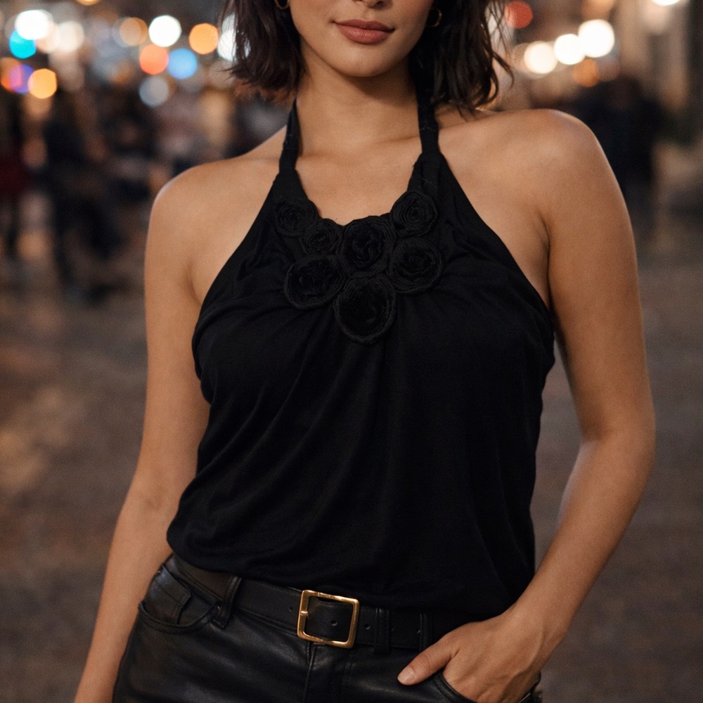 Xhilaration • Floral Detail Black Halter Tank Top